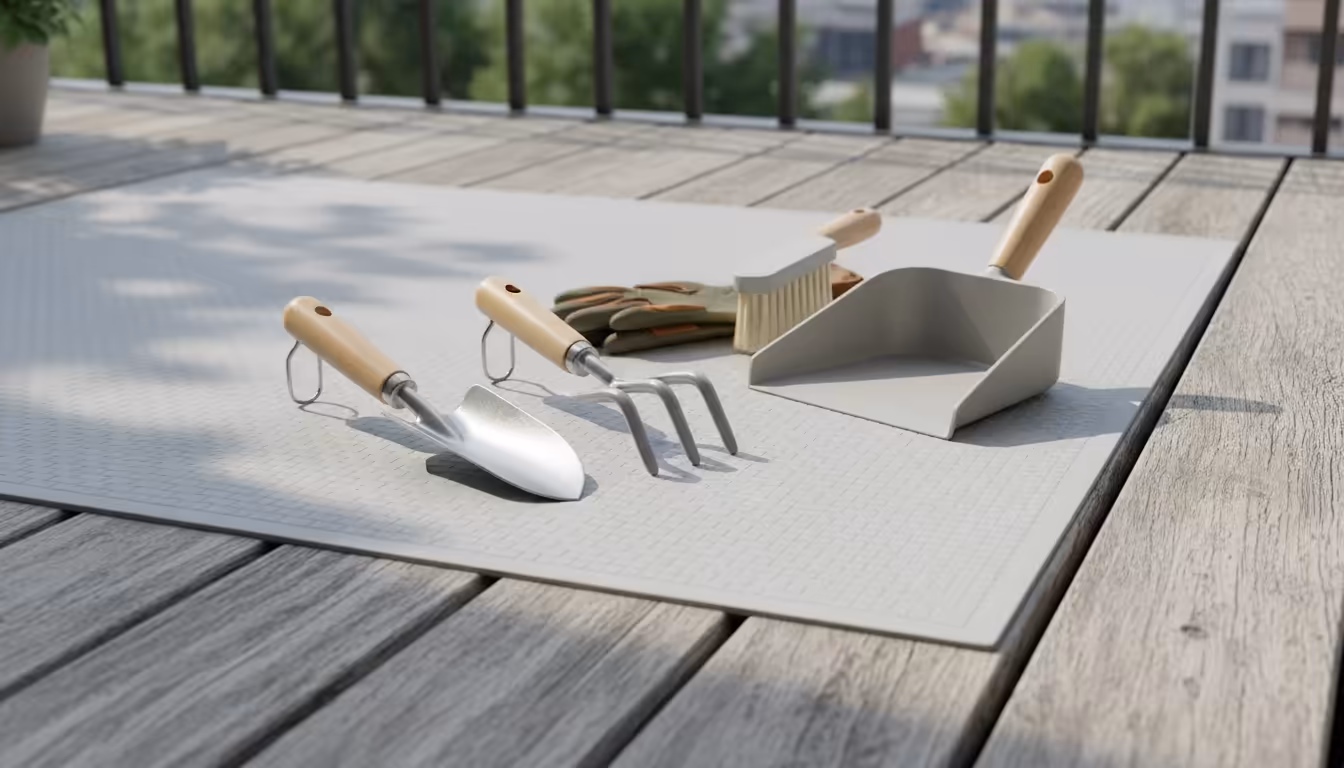 A gardener's hands arranging clean, compact toolsâtrowel, fork, dustpan, scoop, glovesâneatly on a mat on a small balcony floor.