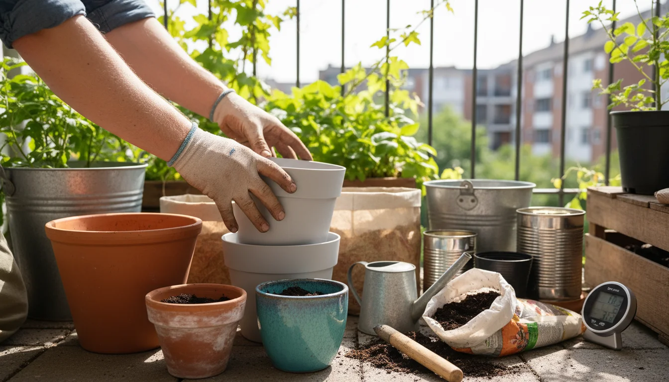 A close-up of a gardener's hands arranging diverse empty containers (terracotta, plastic, ceramic, metal, wood) on a small, sun-dappled patio.