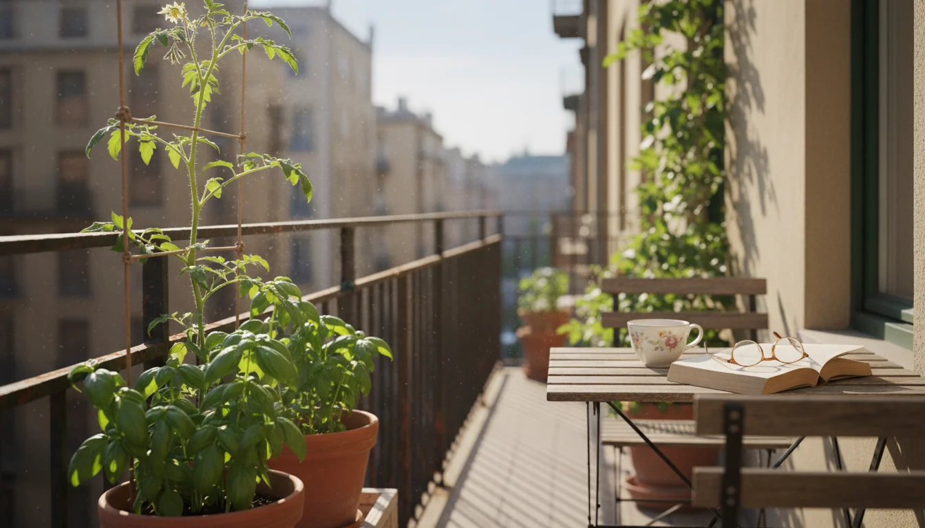 Gardener's hands arranging parsley in dappled shade on a balcony, contrasting with sun-soaked tomato and basil plants in direct sunlight.
