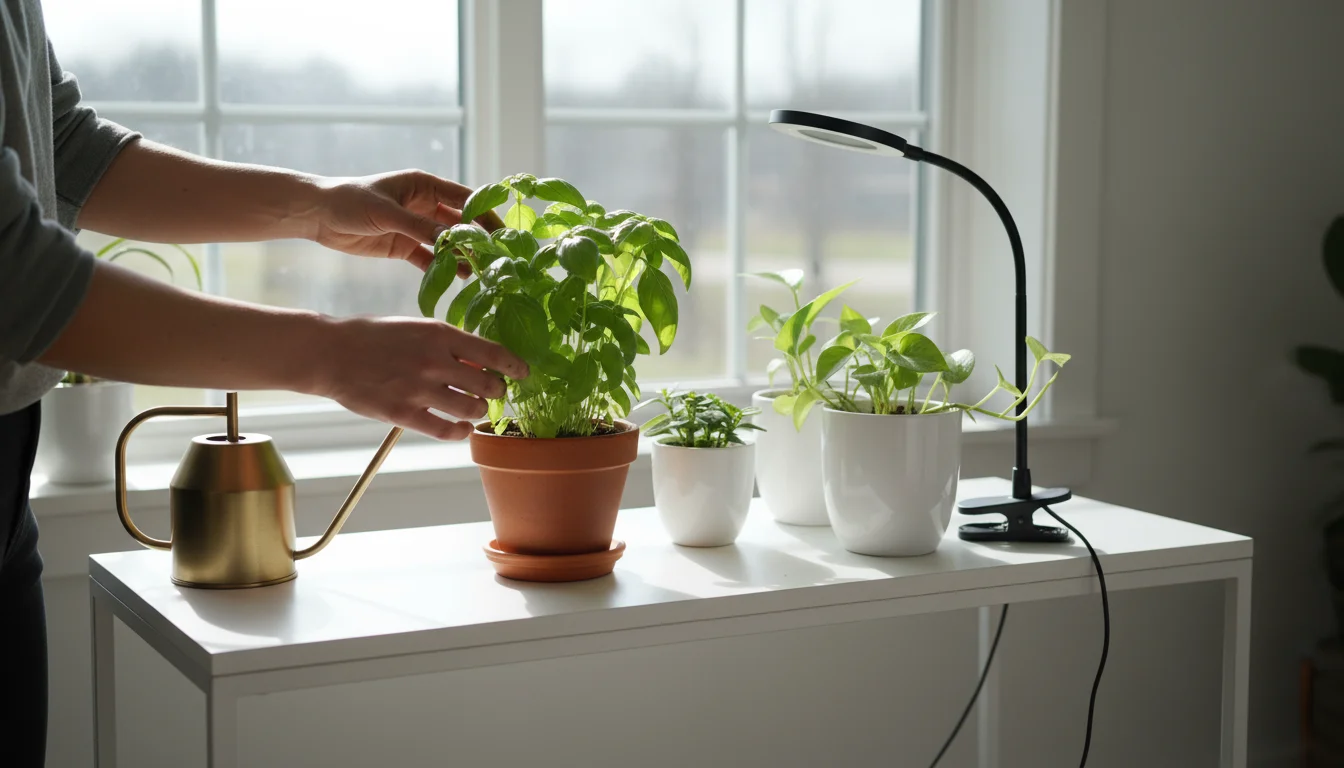 Gardener's hands carefully arranging potted basil and a small houseplant on a console table near a sunlit window with a clip-on grow light.