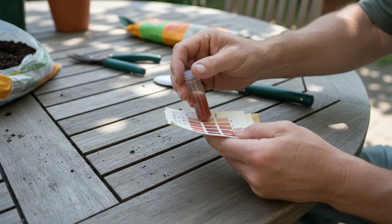 Gardener's hands attempting to match the color of a soil test liquid to a faded chart on a patio table, surrounded by container plants.