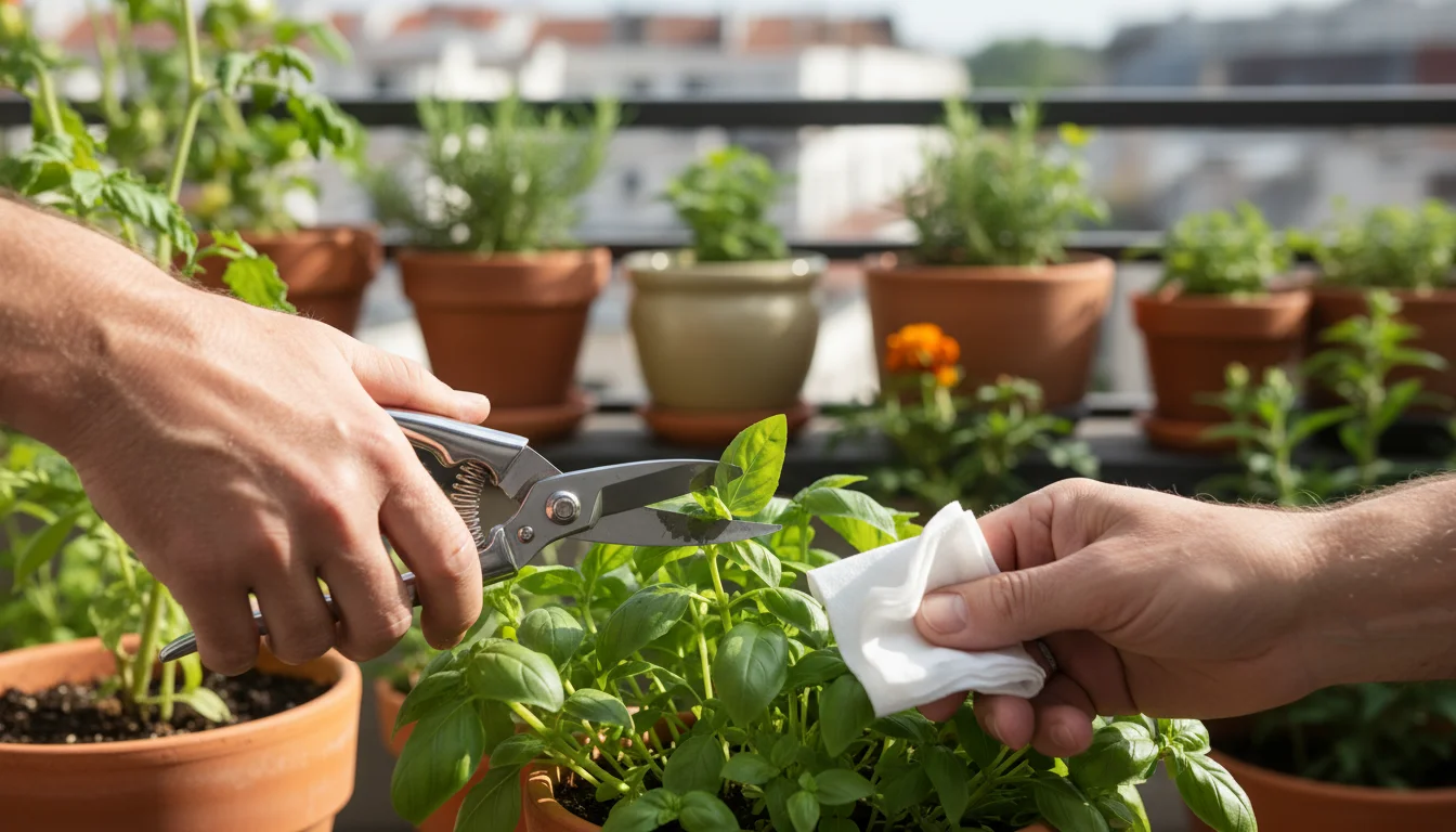 Gardener's hands on a balcony, one holding pruning snips, the other an alcohol wipe about to clean them. Container plants in background.