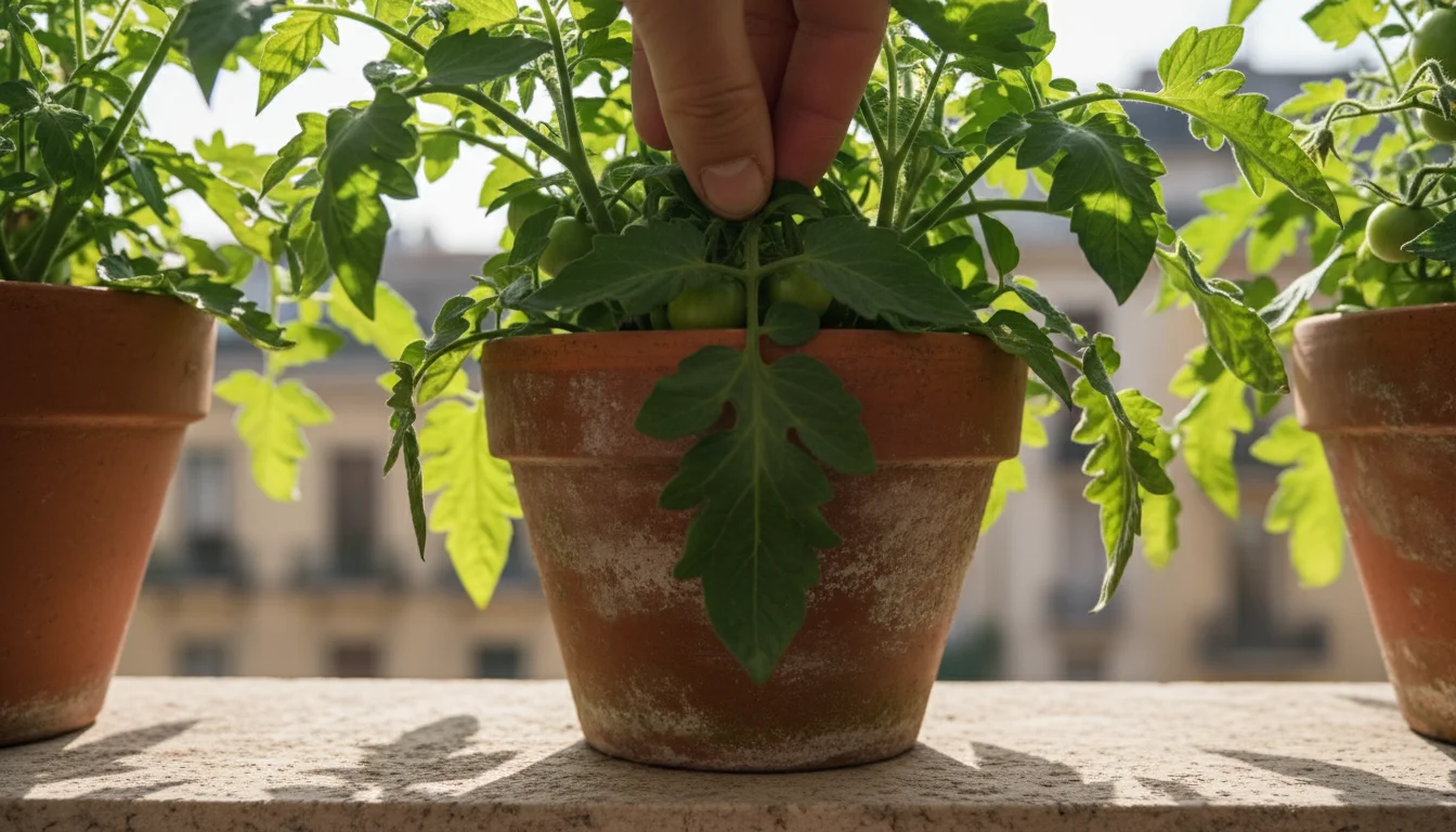 Close-up of a gardener's hands gently bending a tomato plant leaf in a pot to inspect its underside near the stem on a balcony.