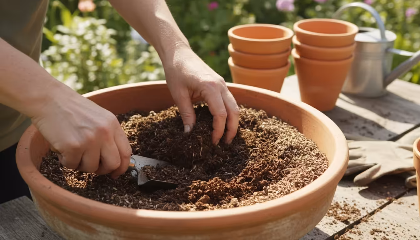 Gardener's hands blending fresh compost into potting mix in a terracotta pot on a wooden balcony surface, preparing for planting.