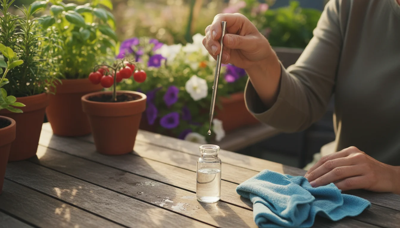 Gardener's hands calibrate a soil sensor over a vial on a sunlit patio table, with lush container plants blurring in the background.