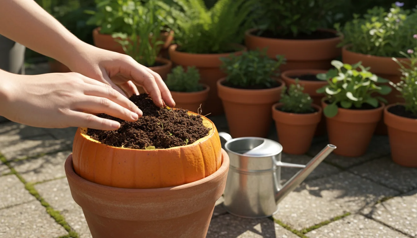 Gardener's hands gently check the moisture of dark compost within a hollowed pumpkin nestled in a patio container.