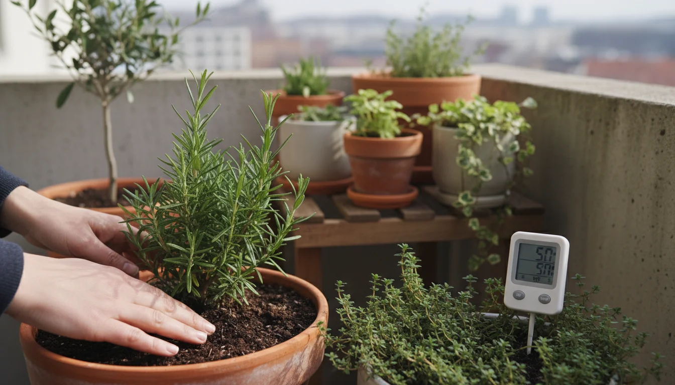 A gardener's hands gently check the soil of a healthy potted rosemary on a winter urban balcony.