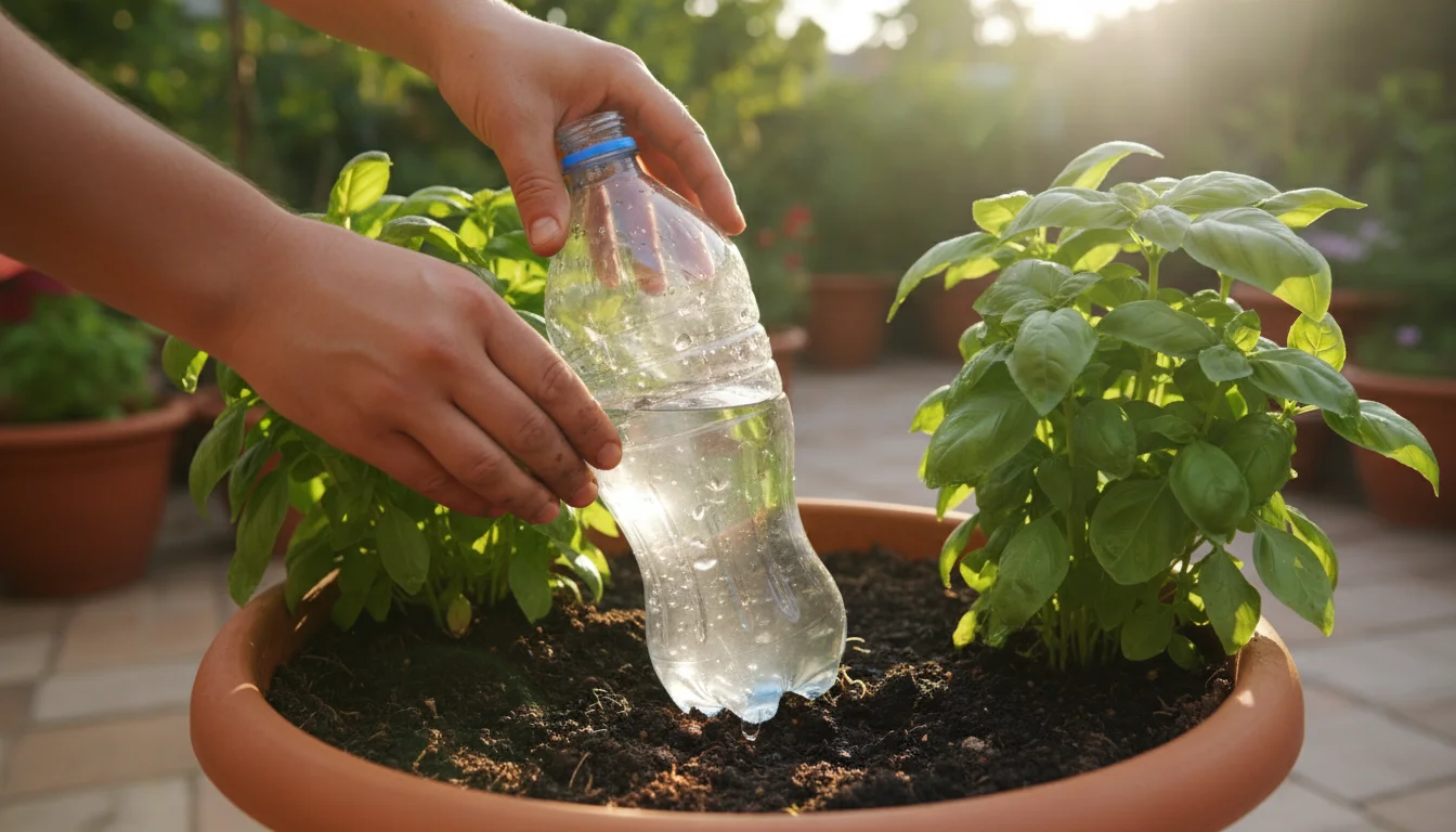 Close-up of gardener's hands checking the low water level in a DIY plastic bottle drip waterer placed in a container basil plant on a balcony.