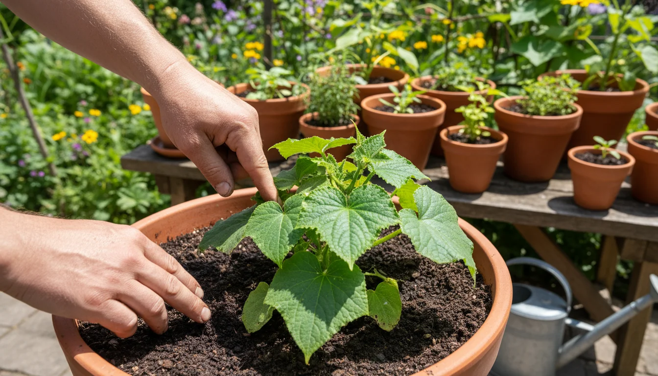 Gardener's hands checking moist soil around a slightly wilted container cucumber plant under midday sun, diagnosing temporary heat stress.