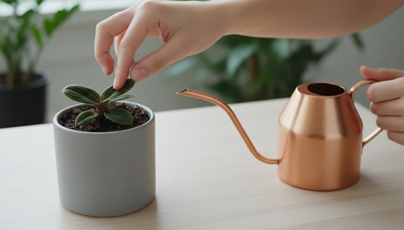 A gardener's hands gently checking the soil moisture of a delicate Jewel Orchid plant in a grey ceramic pot on a balcony shelf.