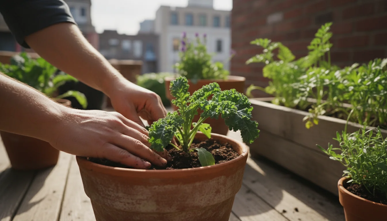 Gardener's hands gently checking soil moisture in a terracotta pot with lush green kale on an outdoor patio.