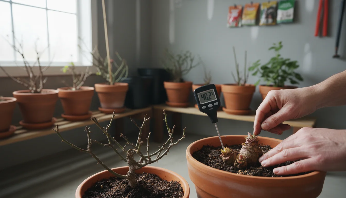 Gardener's hands checking temperature with a digital thermometer and soil moisture in a terracotta pot holding a dormant rose.