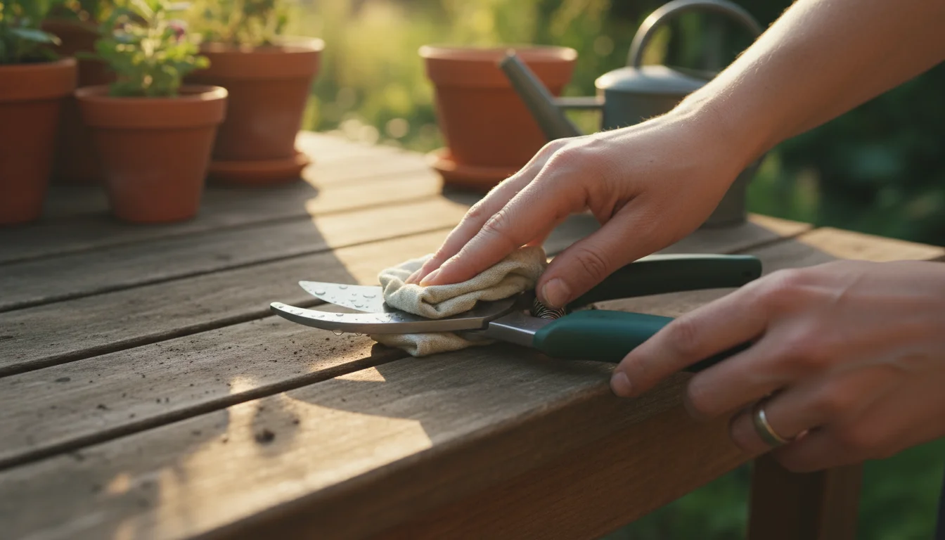 A gardener's hands carefully clean a bypass pruning shear blade with a cloth on a sunlit wooden potting bench amidst patio container plants.