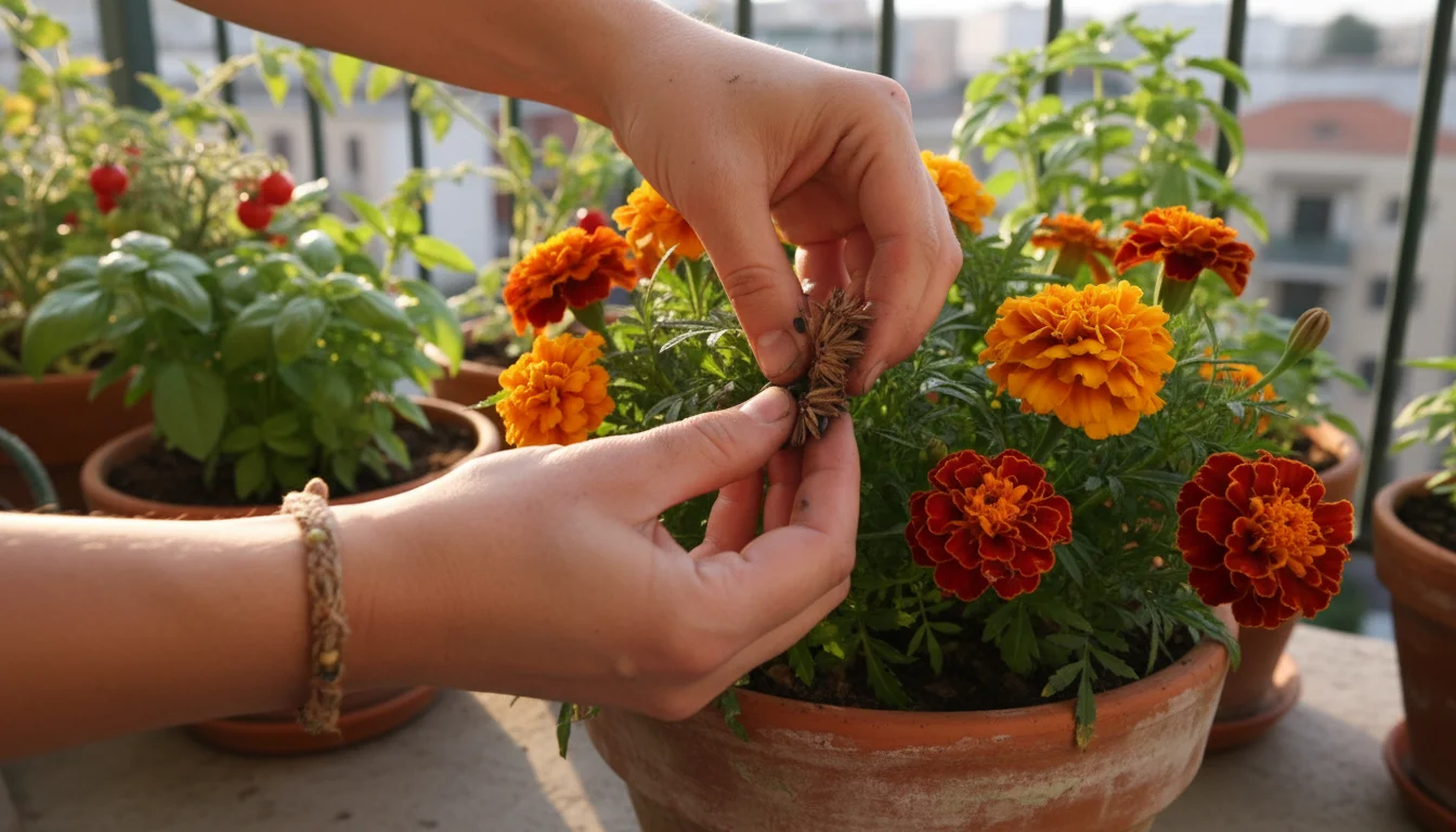 A gardener's hands collecting dried marigold seeds from a potted heirloom plant on a sunny urban balcony, dropping them into a labeled paper envelope.