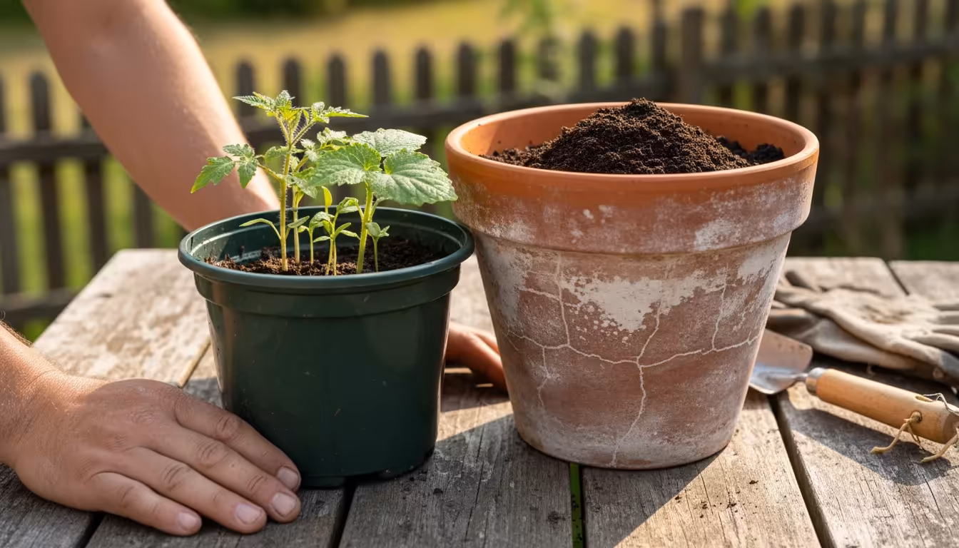 A gardener's hands compare a small plastic pot and a larger terracotta pot on a wooden table, with tomato, cucumber, pepper seedlings nearby.