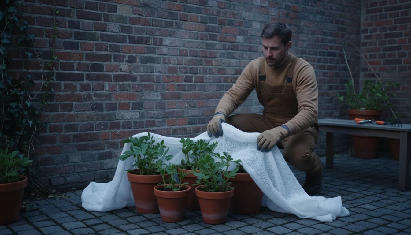 Gardener's hands gently covering young fava bean plants in terracotta pots with light horticultural fleece on an urban patio.
