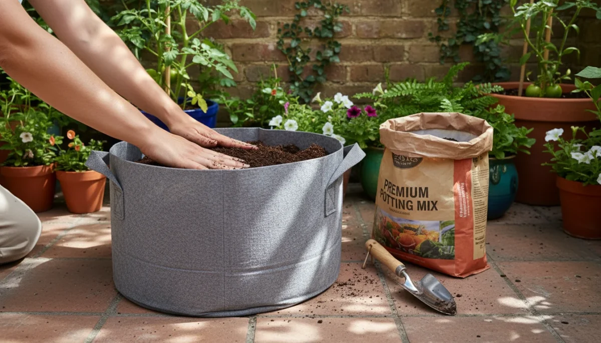 A gardener's hands level dark potting soil in a large, sturdy fabric grow bag on a sunlit patio, ready for planting sweet potatoes.