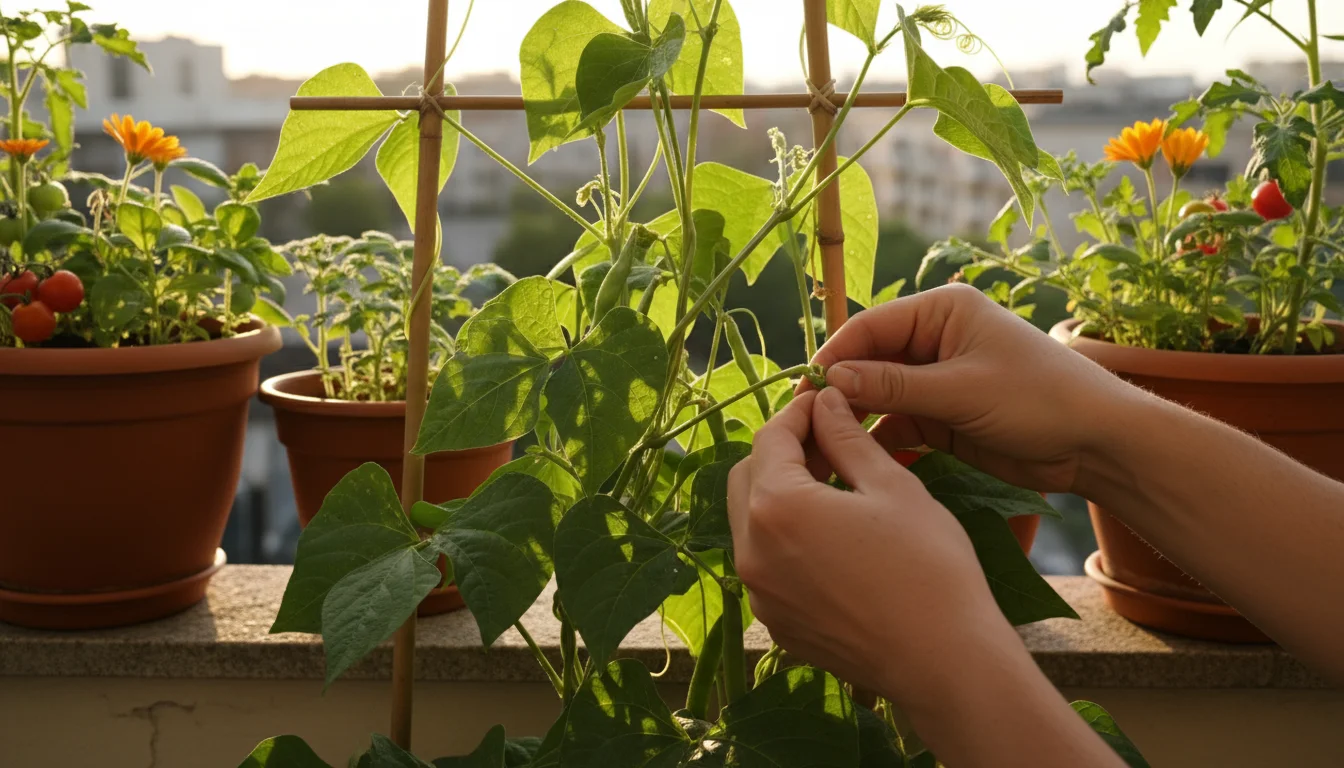 Gardener's hands delicately pinching the growing tip of a vining bean plant on a balcony trellis, surrounded by dense green foliage.