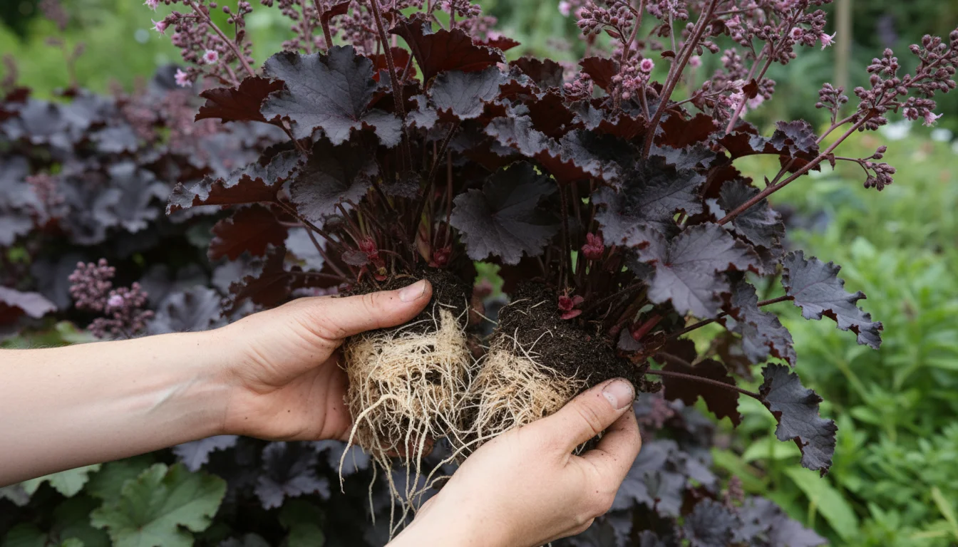 A gardener's hands gently divide the root ball of a purple Heuchera plant, separating it into two smaller clumps on a weathered wooden patio table.