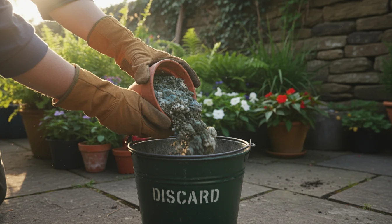 Gardener's hands emptying moldy potting soil from a terracotta pot into a discard bucket on a sunlit patio.