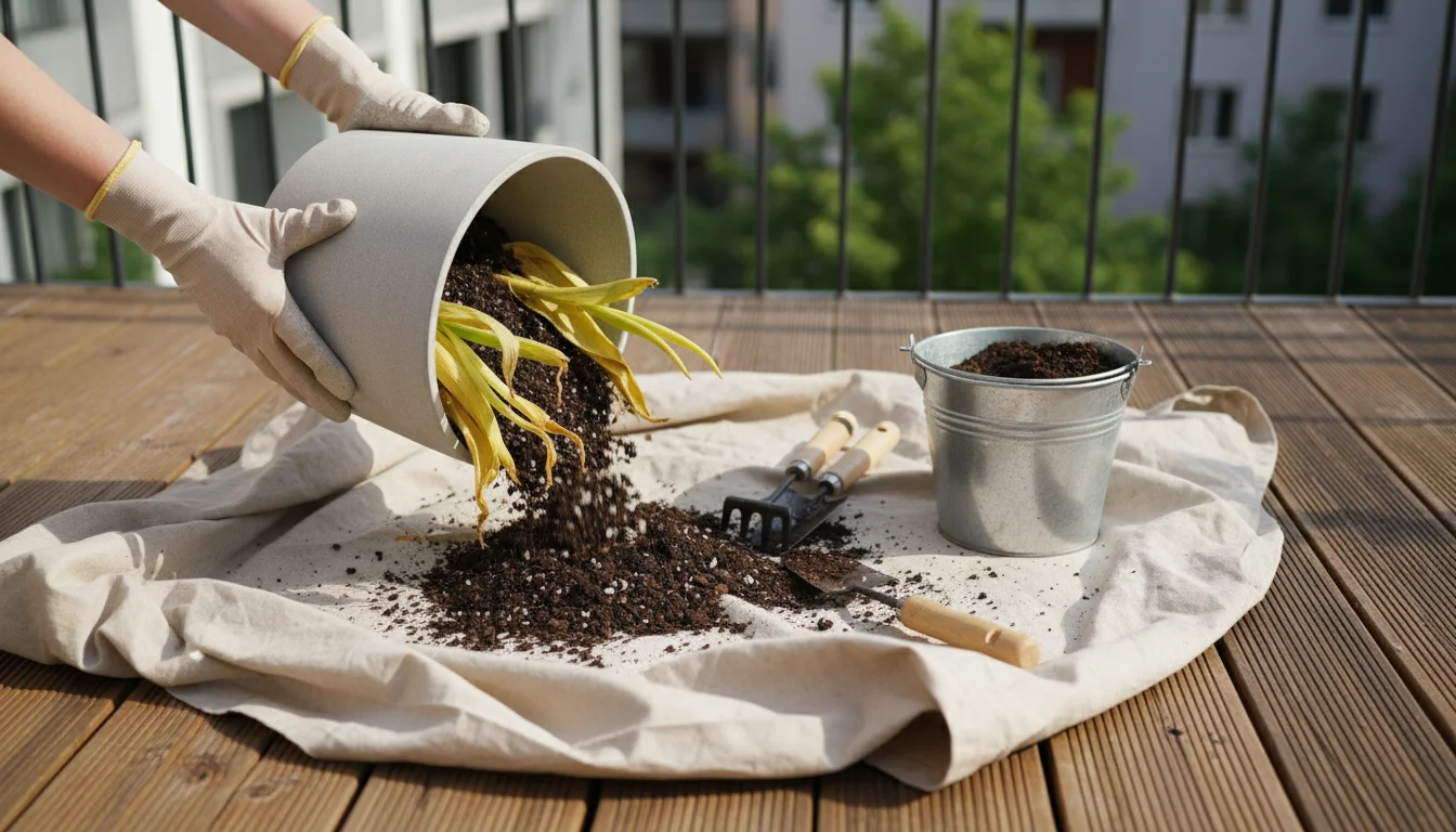 Gardener's hands emptying a pot of spent bulb foliage and old soil onto a tarp, next to fresh soil and a bag of new bulbs on a wooden balcony.