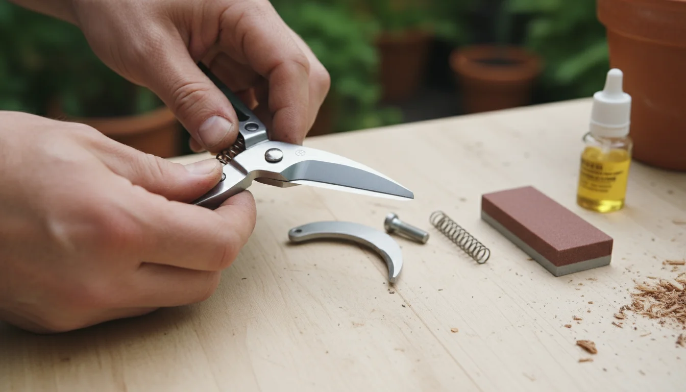 Gardener's hands carefully examine the beveled edge of a disassembled bypass pruner's cutting blade on a potting bench.