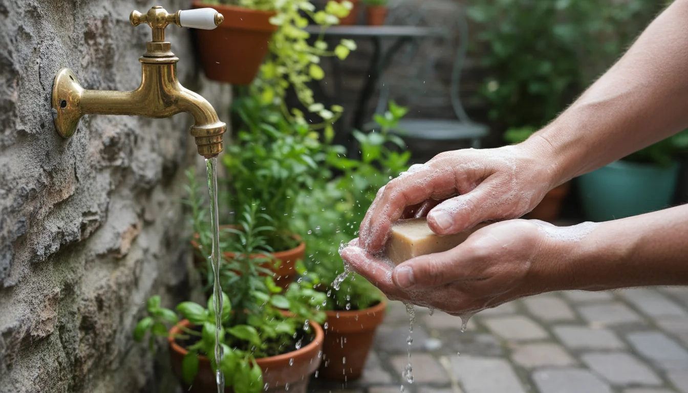 A gardener's hands, faintly soiled, are diligently washing with soap under a stream from an outdoor faucet on a small patio.