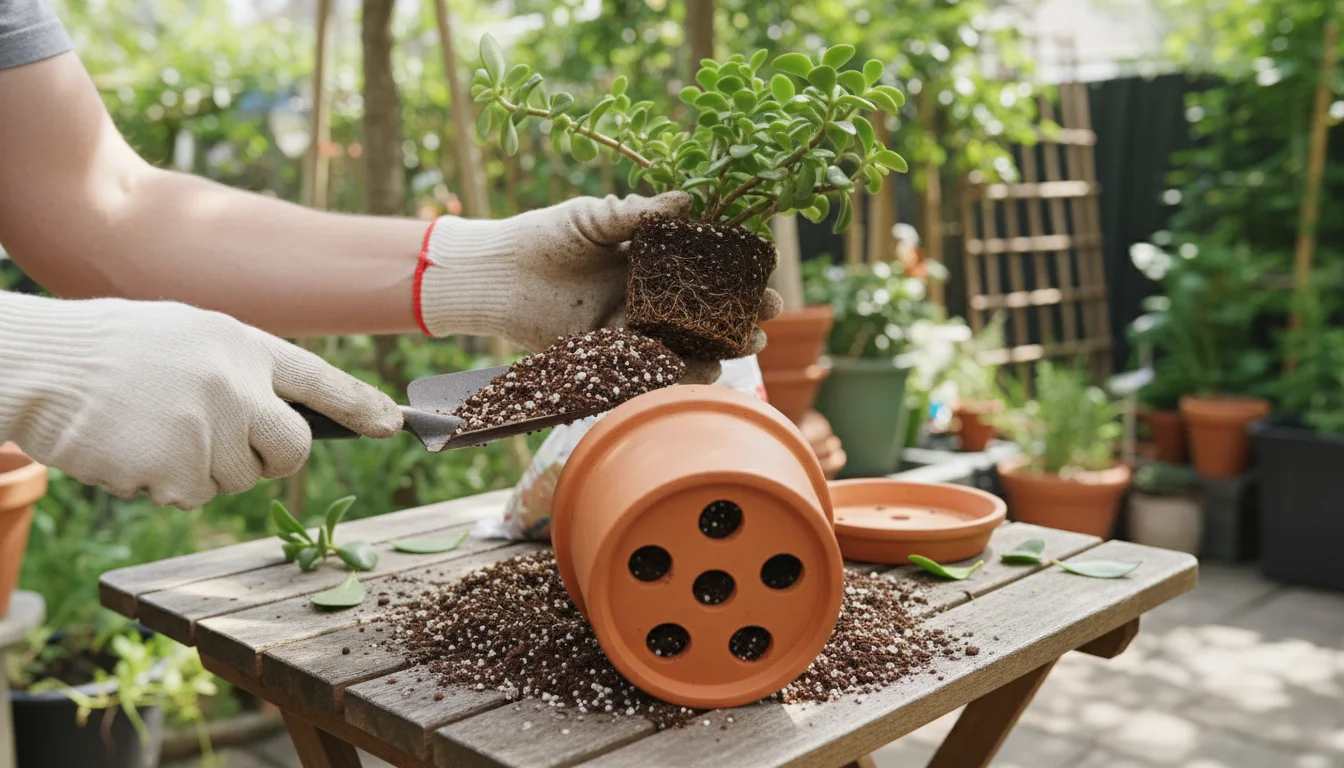 A gardener's hands fill a terra cotta pot with coarse, well-draining soil on a small patio table, preparing to repot a small plant.