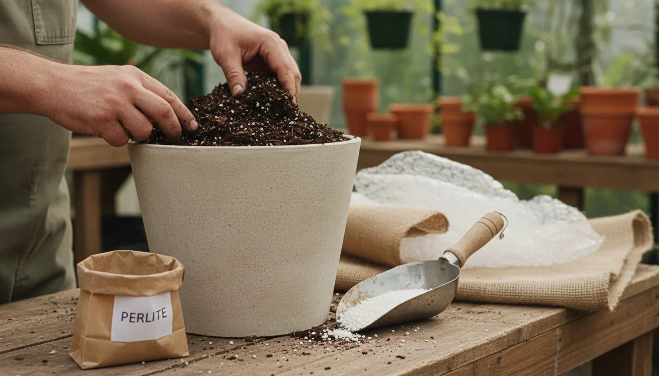 Gardener's hands filling a light gray fiber-clay pot with potting mix, with perlite and burlap nearby on a wooden surface.