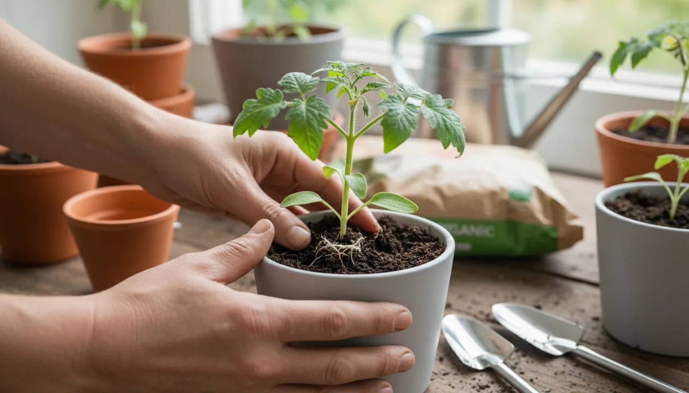 Gardener's hands gently firm potting mix around a newly planted micro-tomato seedling in a modern grey ceramic pot on a sunny patio.