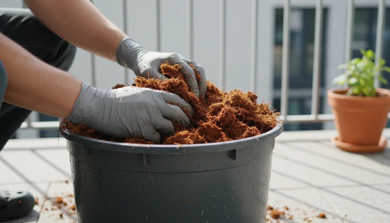 A gardener's hands fluffing rehydrated coco coir in a dark grey bucket on a patio, with a balcony railing in the background.