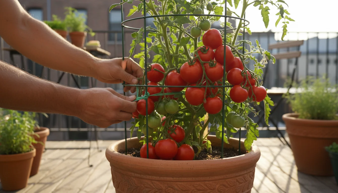 A gardener's hands gently guide a fruit-laden tomato branch through a sturdy wire cage, supporting a thriving container plant on a sunlit patio.