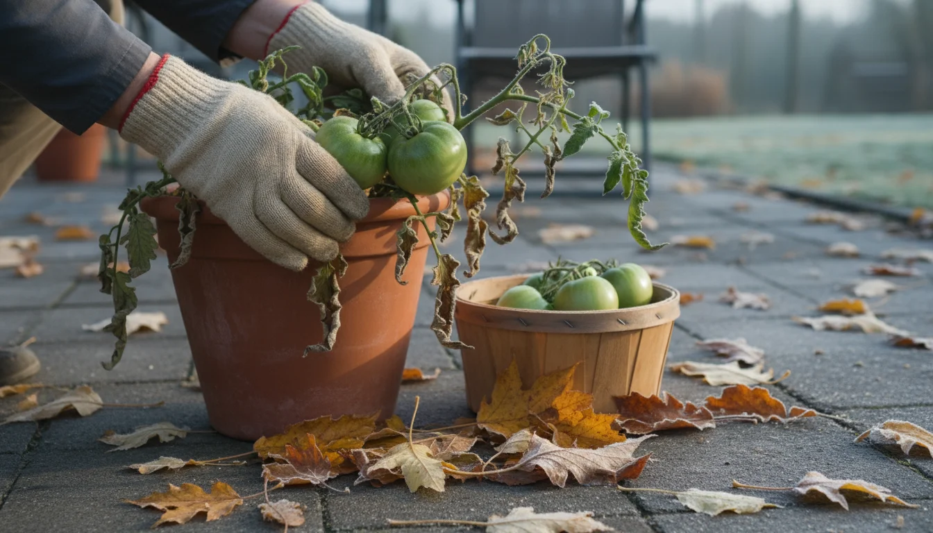 Gardener's hands harvest green tomatoes from a frost-kissed container plant on a cool morning patio.