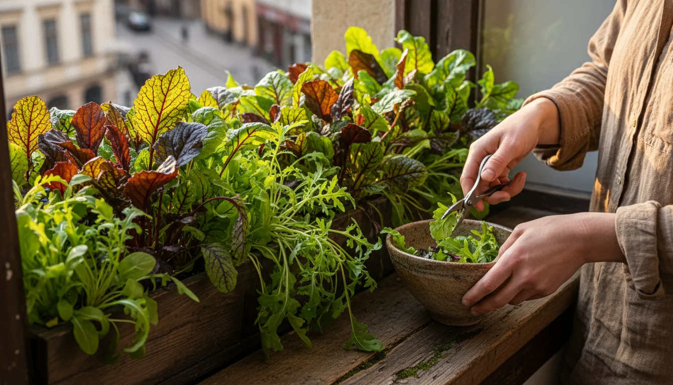 A gardener's hands harvest vibrant spicy mustard and frilly wasabi arugula leaves from a brimming window box into a rustic ceramic bowl on a wooden ba
