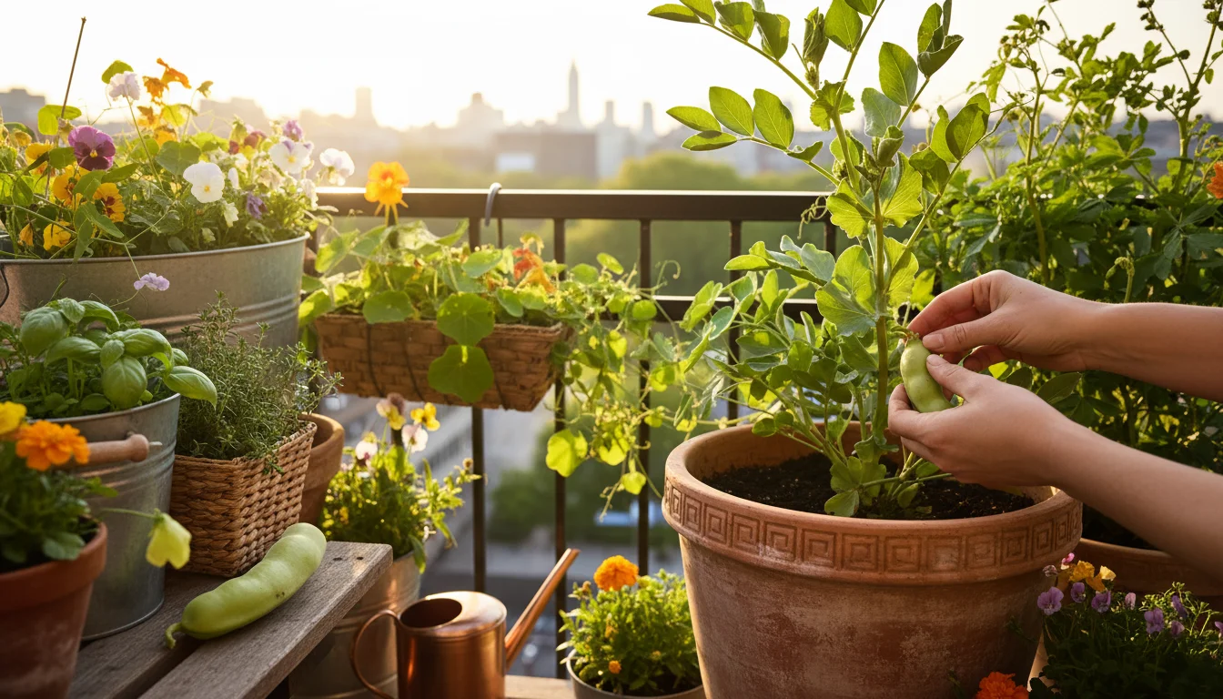 Gardener's hands harvesting small, tender fava bean pods from a pot, with a larger, plumper pod still on the plant.