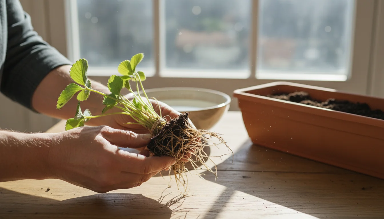 A gardener's hands gently hold a bundle of dormant bare-root strawberry plants with damp roots over a wooden table.