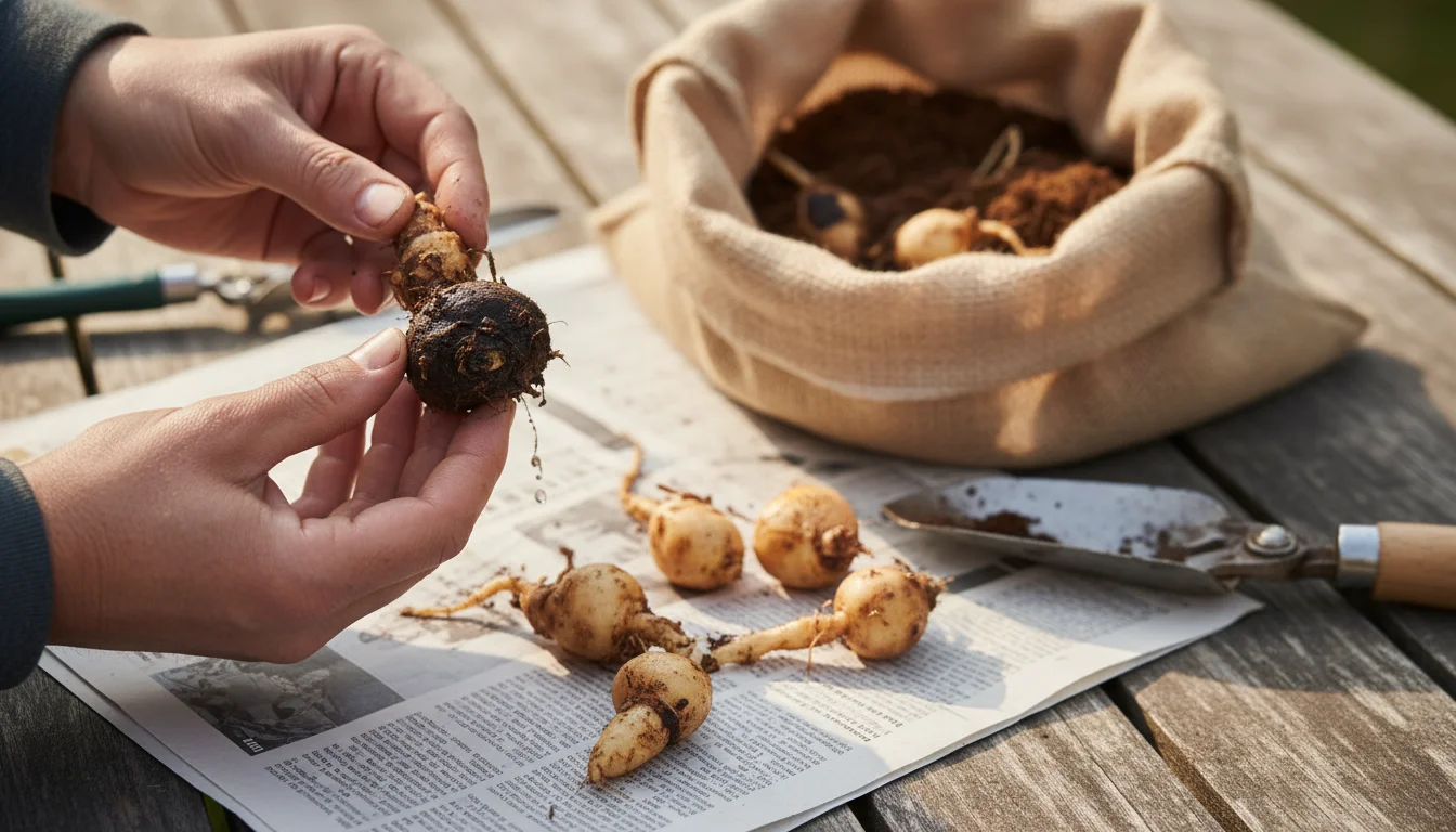 Gardener's hands hold up a dark, mushy dahlia tuber over newspaper. Healthy tubers nearby, with an open storage bag in soft focus.