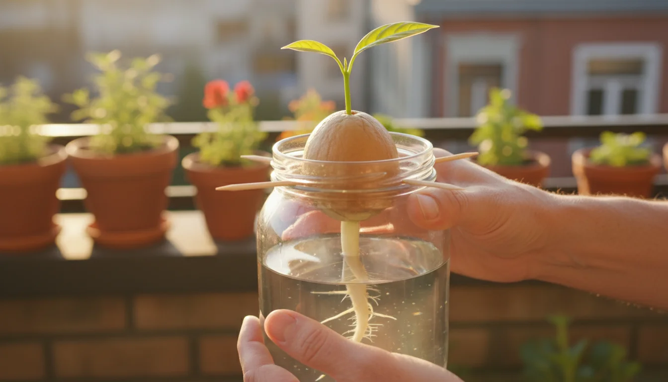 A gardener's hands hold a glass jar with an avocado pit, sprouted with roots and green leaves, on a sunny balcony.