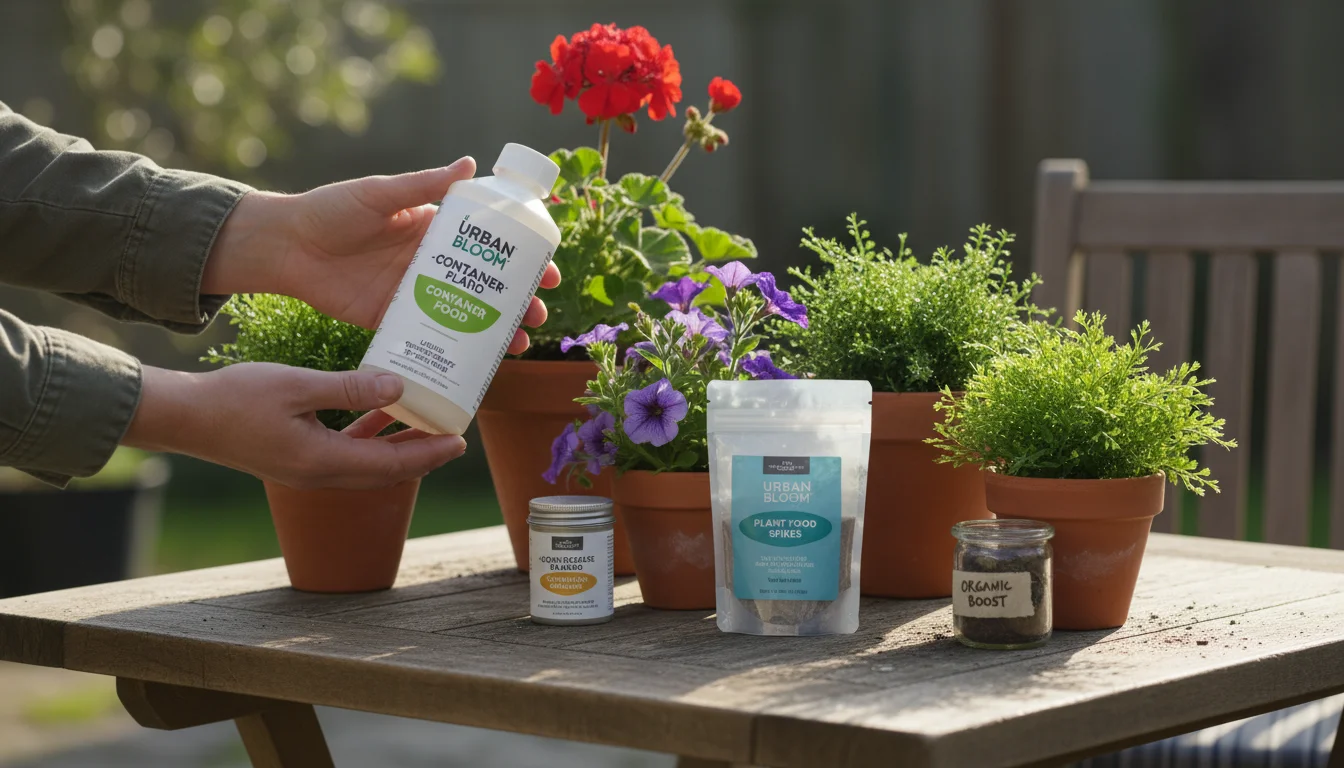 A gardener's hands hold a liquid container plant fertilizer bottle on a rustic patio table, surrounded by other fertilizer types and thriving potted h