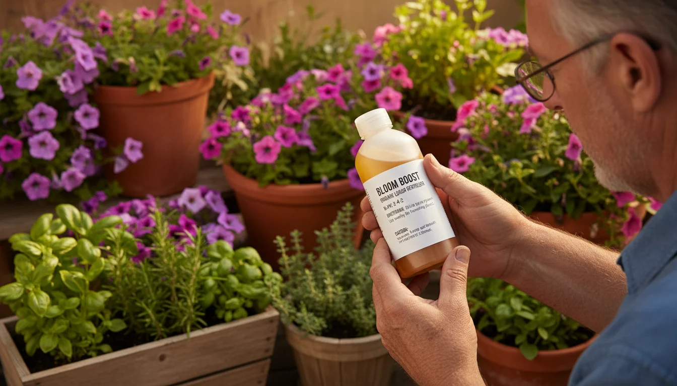 A gardener's hands hold a liquid fertilizer bottle, their eyes intently reading the fine print on the label amidst blurred container plants.