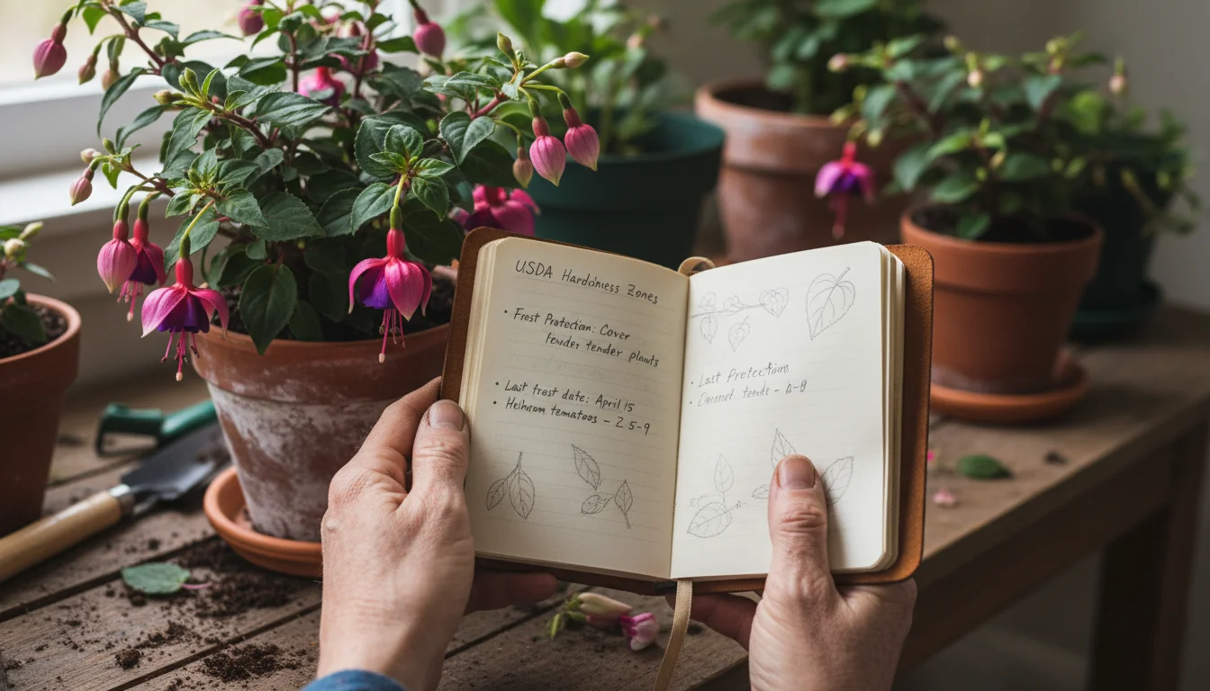 Gardener's hands hold an open notebook with frost tips, gently touching a potted fuchsia plant on a balcony.