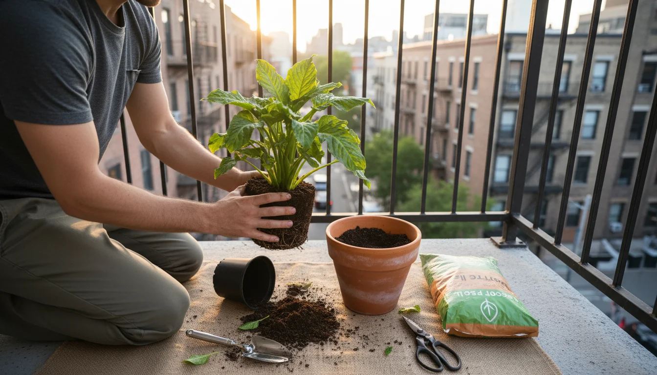 Gardener's hands gently hold a plant's root ball on a small balcony. New pot, potting mix, and tools are laid out for repotting.