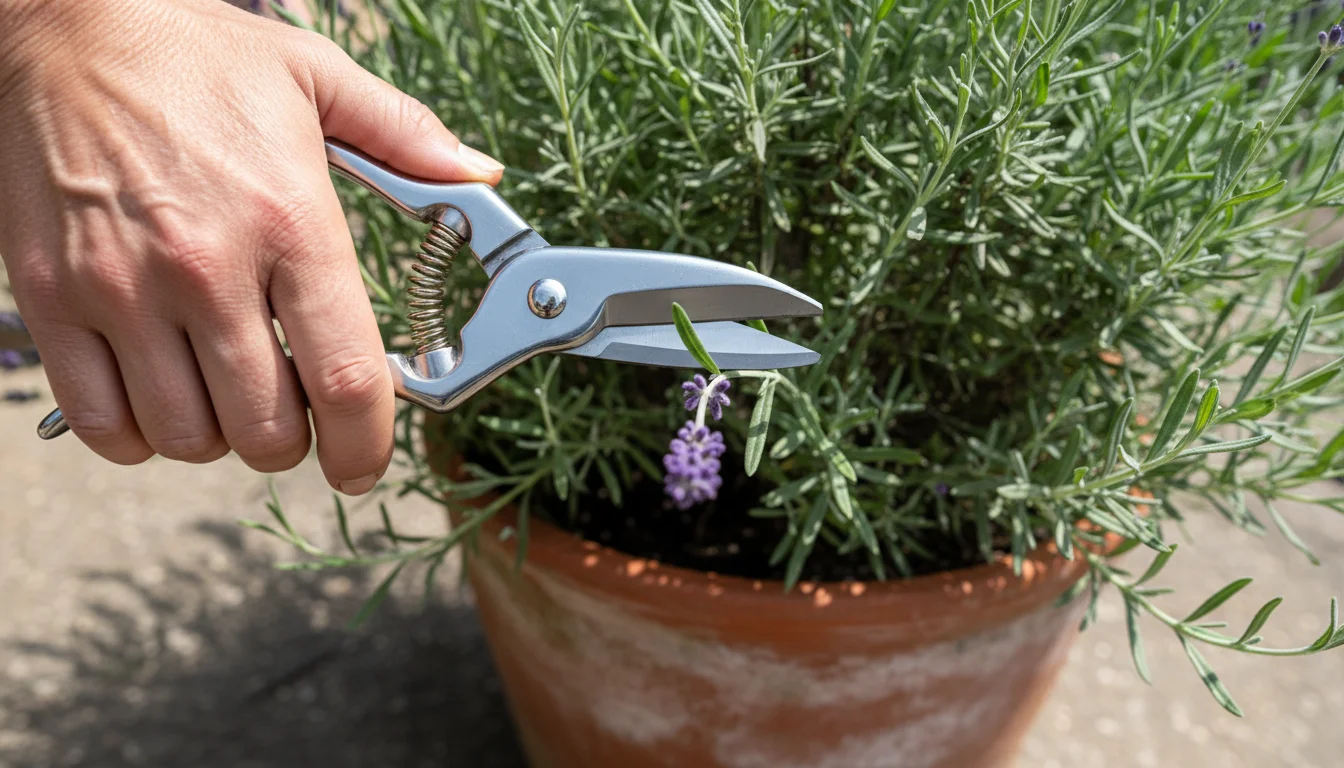 A gardener's hands hold secateurs, poised to cut a lavender stem just above an outward-facing bud in a terracotta pot on a patio.