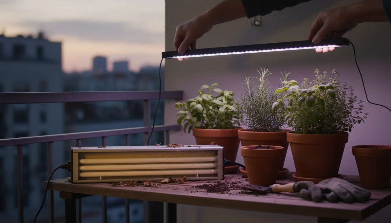 A gardener's hands hold a sleek LED grow light next to a disconnected, older fluorescent fixture on a small balcony potting bench.
