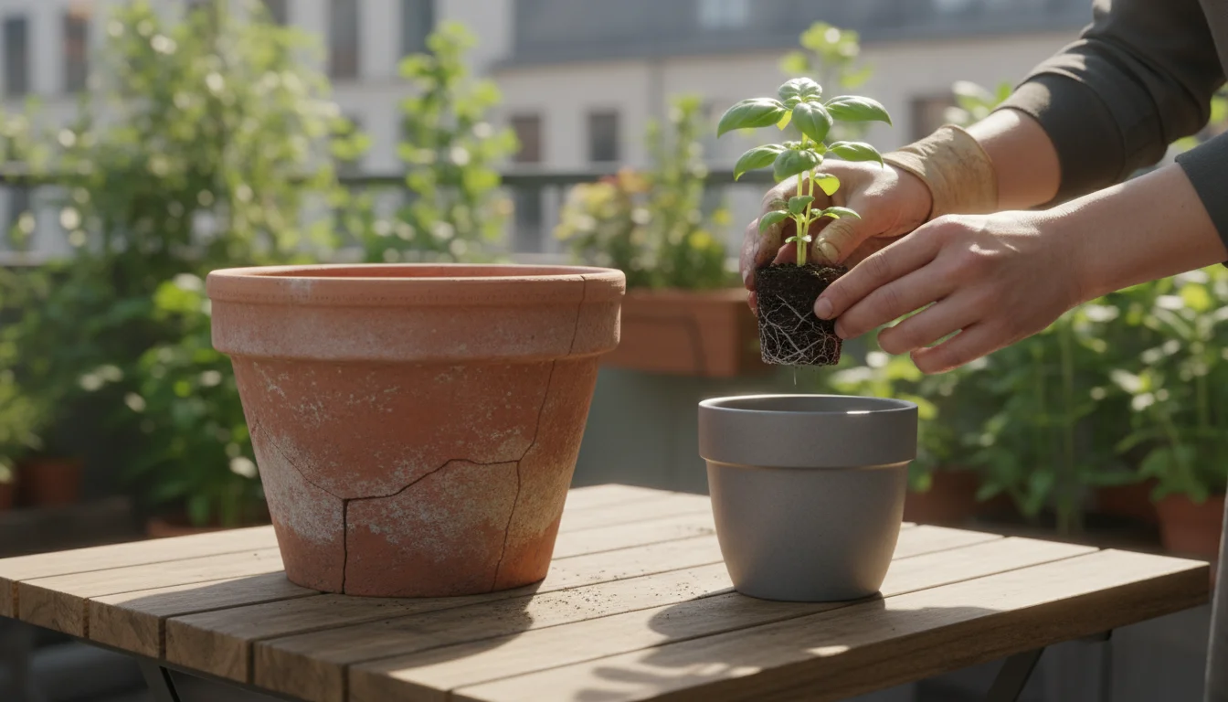 A gardener's hands hold a small basil seedling, positioned between an oversized terra cotta pot and a correctly sized grey ceramic pot on a sunny balc