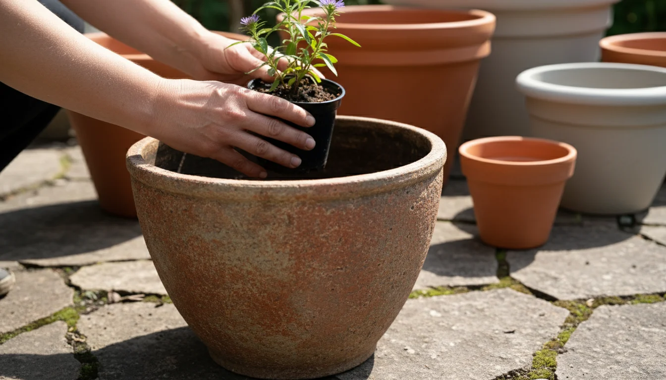 A gardener's hands hold a small native plant above a large empty ceramic pot, considering its size for planting on a patio.