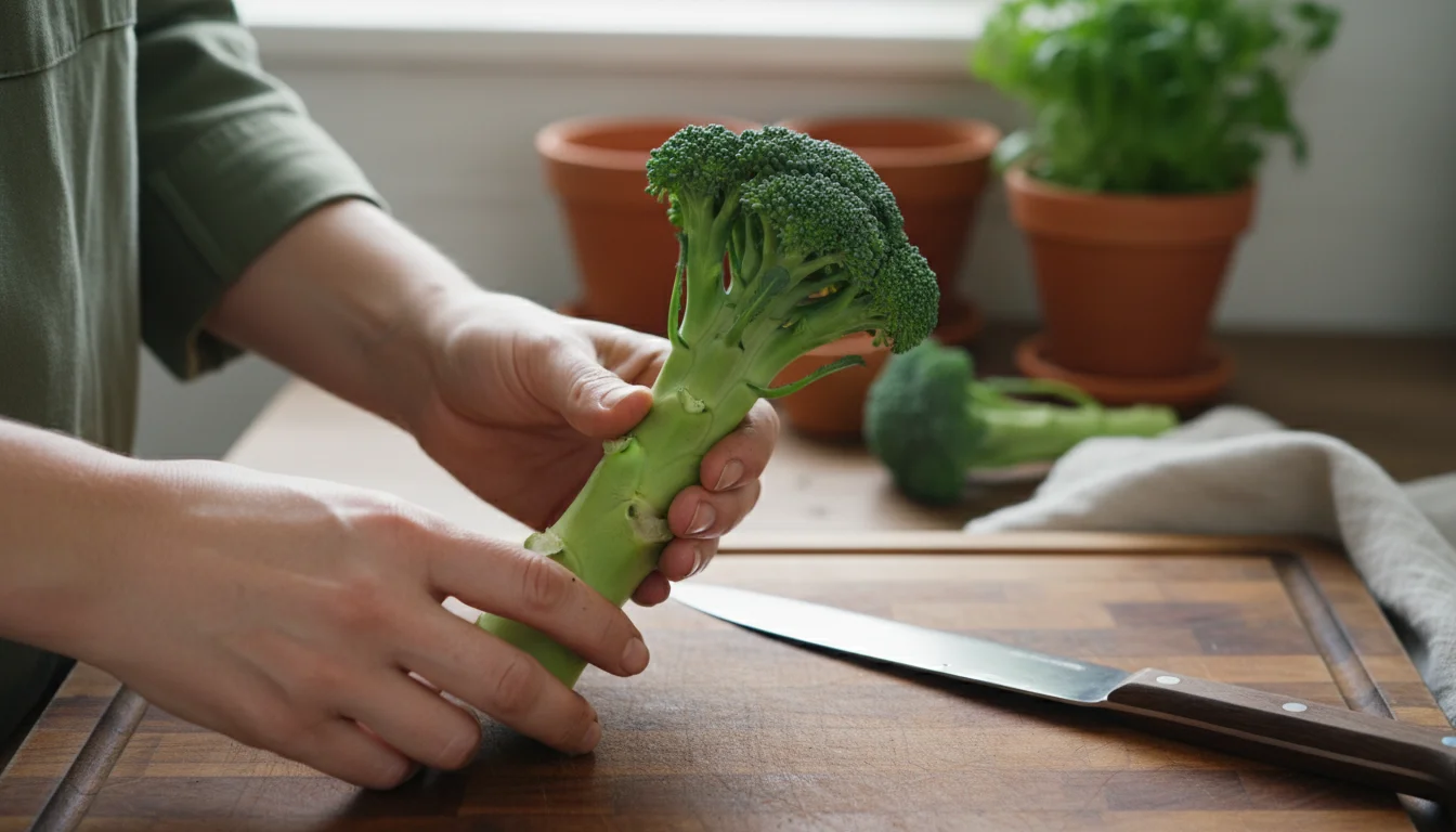 A gardener's hands hold a thick, green broccoli stem on a wooden cutting board, with a knife and blurred patio plants in the background.