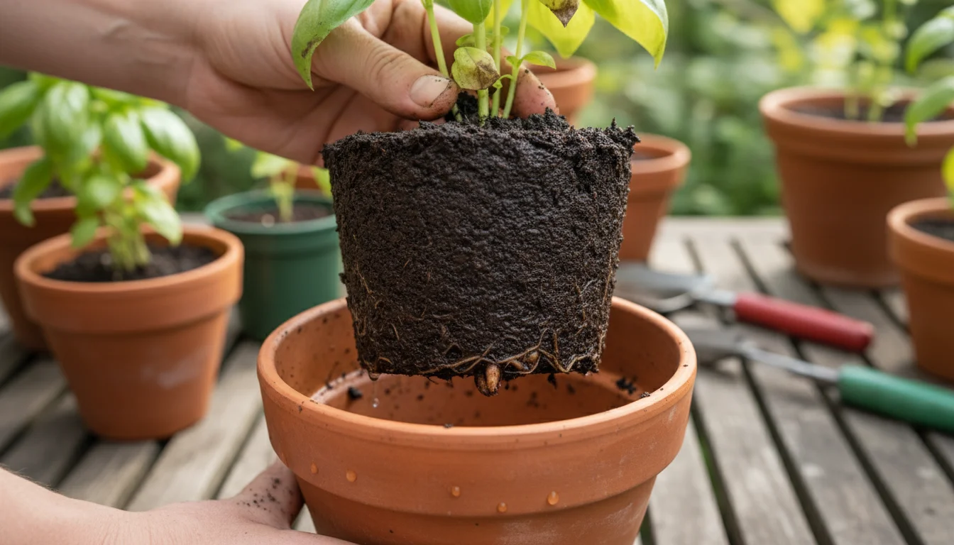 Gardener's hands holding a basil plant with extremely wet, mud-like soil clinging to its roots after being removed from a terracotta pot.