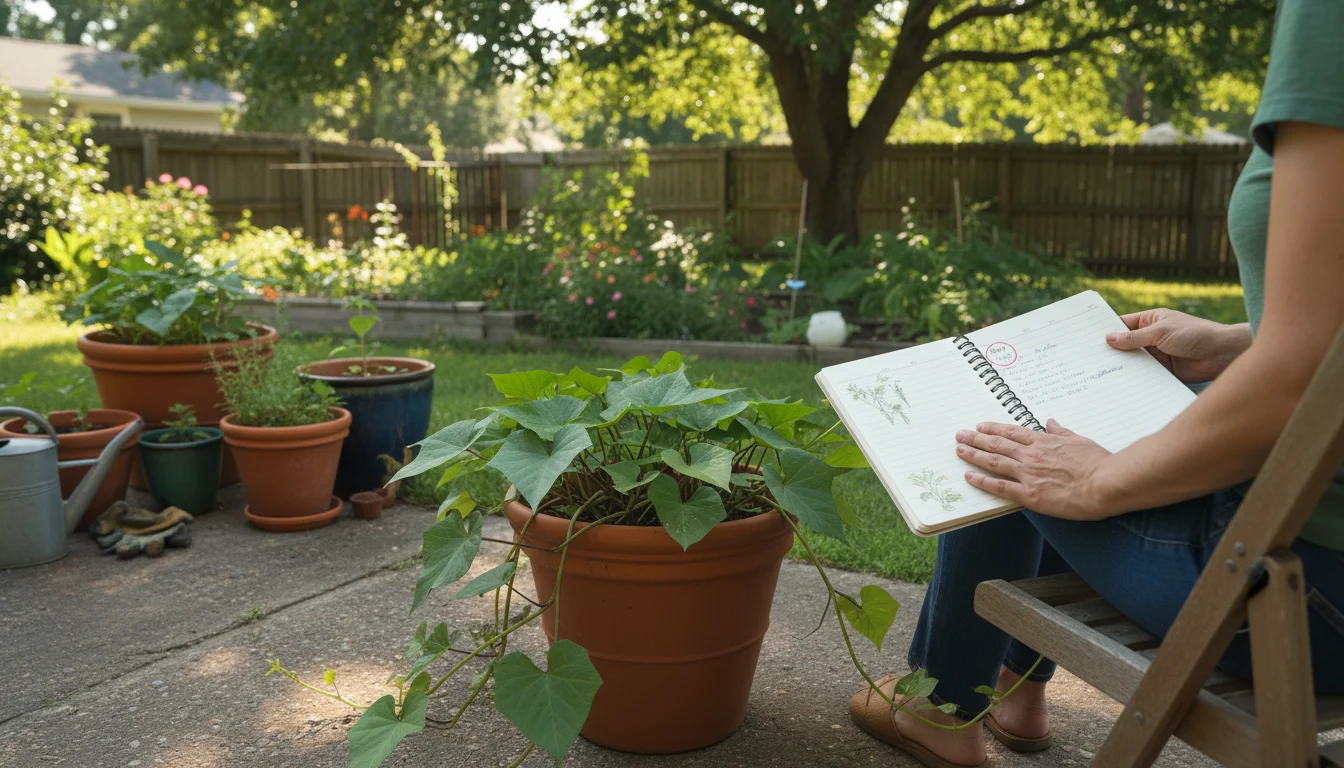 Gardener's hands holding an open garden journal on a patio, with a vibrant sweet potato plant in a large terracotta pot nearby.