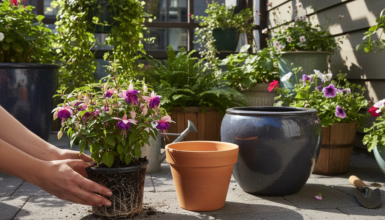 Gardener's hands holding an overgrown fuchsia plant next to a 14-inch terracotta pot and an 18-inch ceramic pot on a sunny patio.